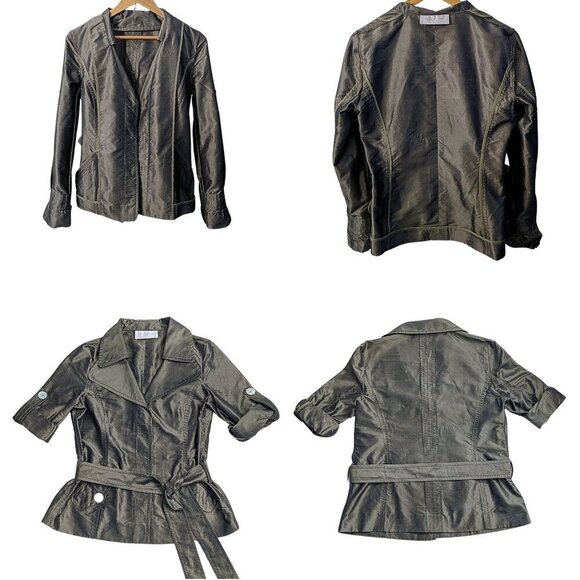 Vtg Y2K VALENTINO Metallic Futurism 100% Silk Green-Gray Belted Moto Trench Sz 8 - Picture 9 of 9